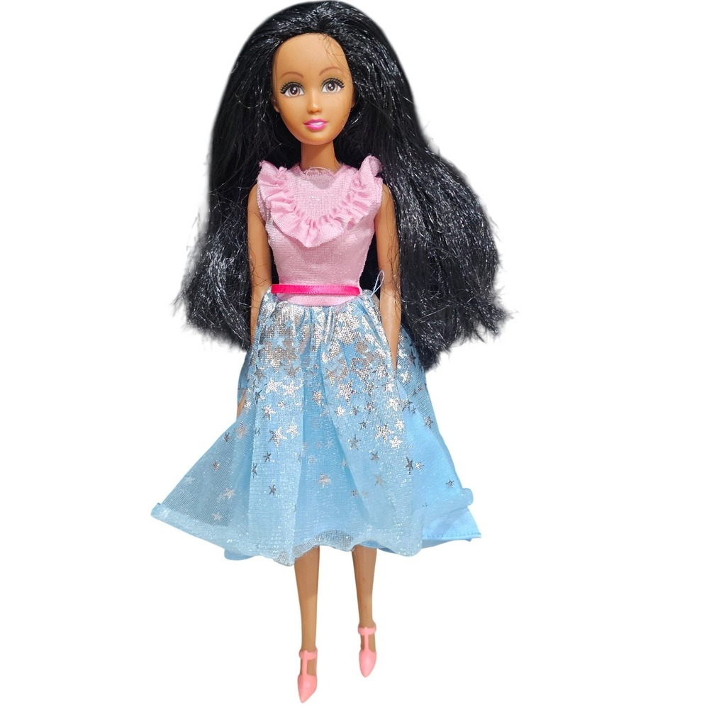 Fashion Doll Black Hair Pink Ruffle Top Blue Glitter Star Skirt Pink Heels